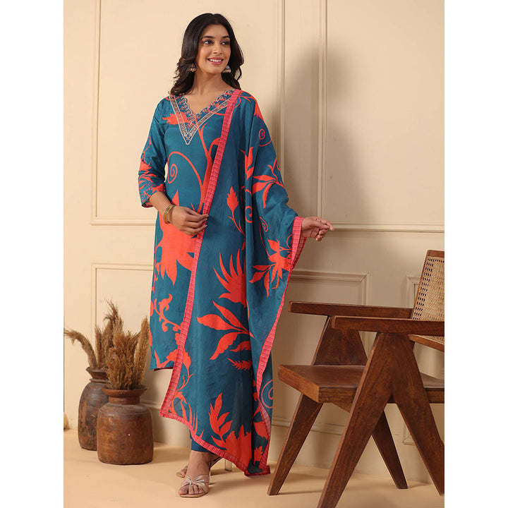 FASHOR Floral Printed Kurta with Pants & Dupatta - Teal (Set of 3)