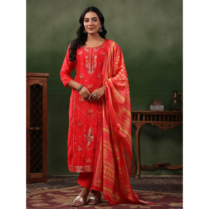 FASHOR Jacquard Kurta with Pant & Dupatta - Coral Red (Set of 3)