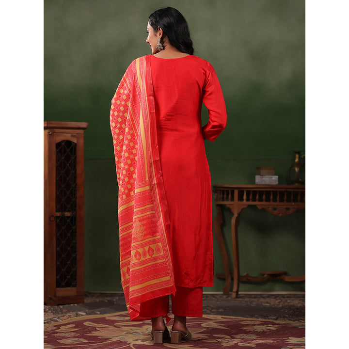 FASHOR Jacquard Kurta with Pant & Dupatta - Coral Red (Set of 3)