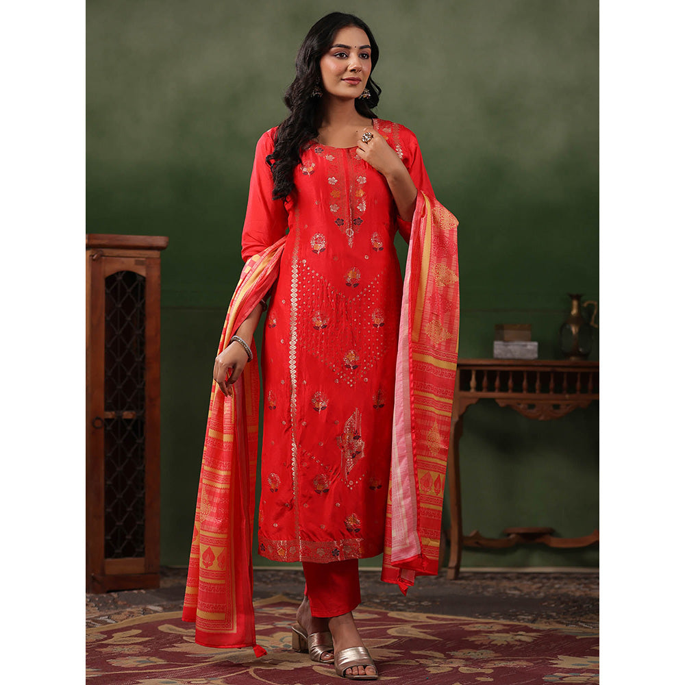 FASHOR Jacquard Kurta with Pant & Dupatta - Coral Red (Set of 3)