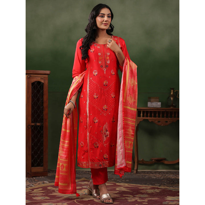 FASHOR Jacquard Kurta with Pant & Dupatta - Coral Red (Set of 3)