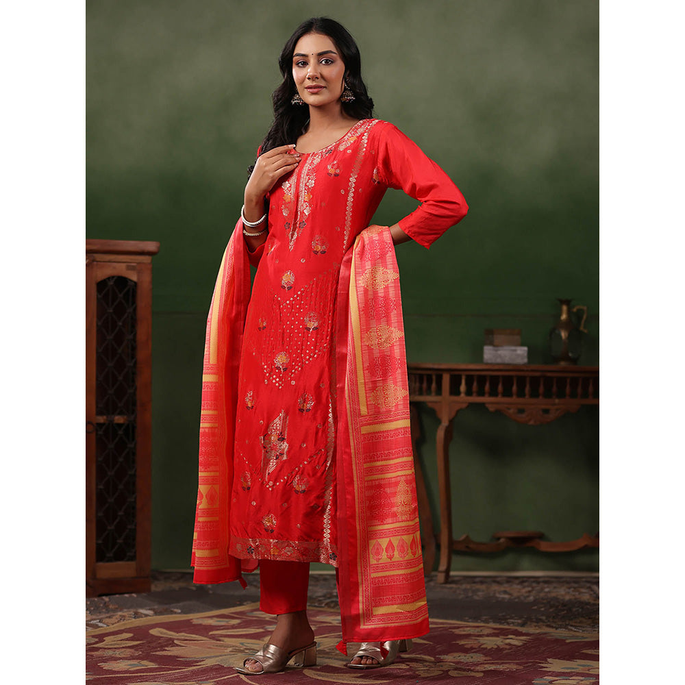 FASHOR Jacquard Kurta with Pant & Dupatta - Coral Red (Set of 3)