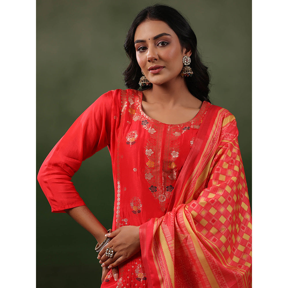 FASHOR Jacquard Kurta with Pant & Dupatta - Coral Red (Set of 3)