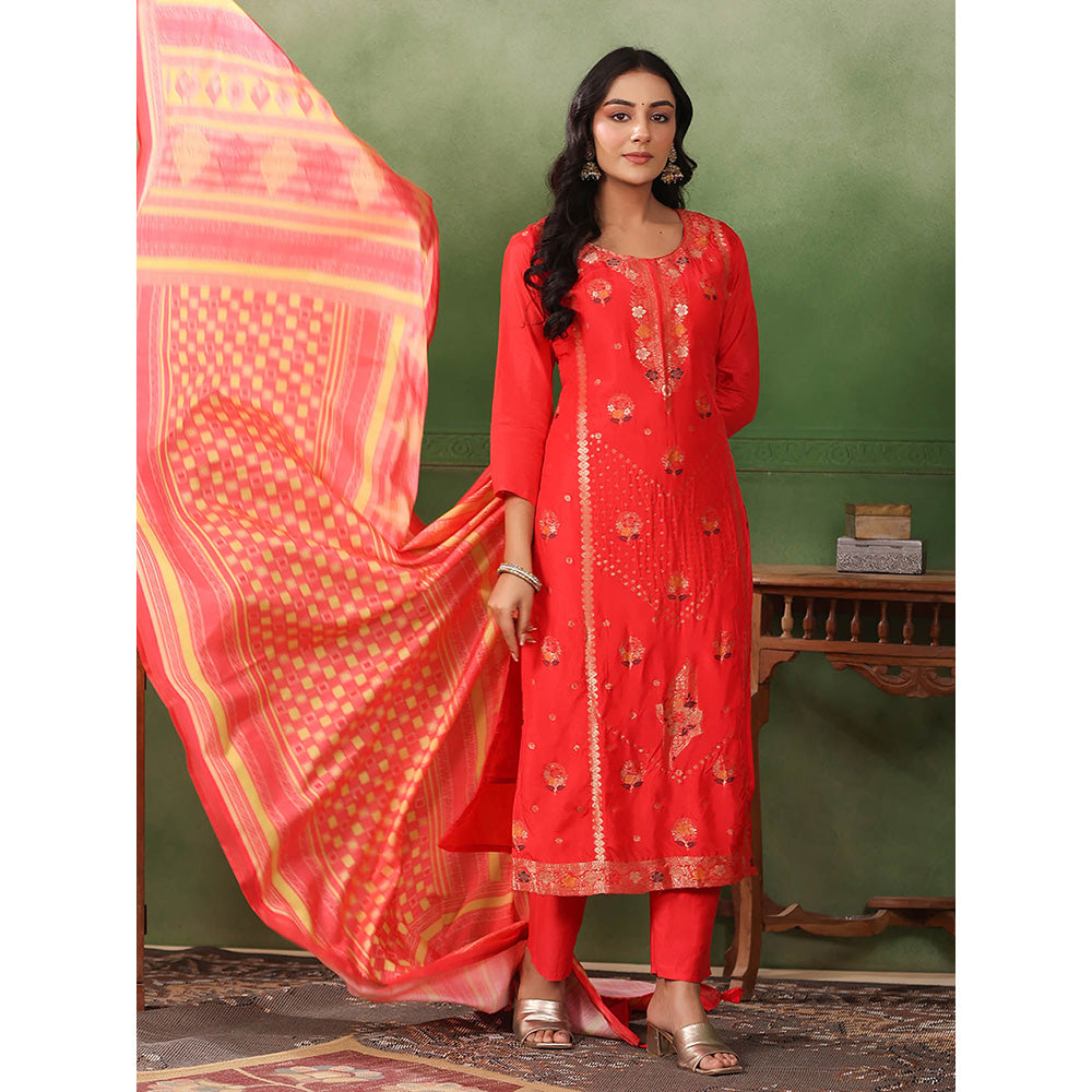 FASHOR Jacquard Kurta with Pant & Dupatta - Coral Red (Set of 3)