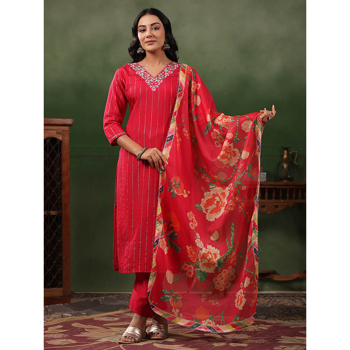 FASHOR Woven Striped Kurta with Pants & Dupatta - Red (Set of 3)