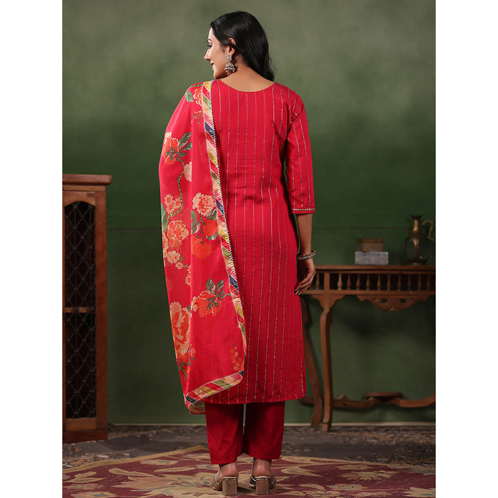 FASHOR Woven Striped Kurta with Pants & Dupatta - Red (Set of 3)