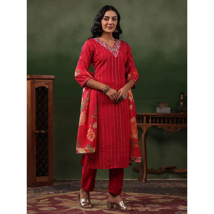 FASHOR Woven Striped Kurta with Pants & Dupatta - Red (Set of 3)