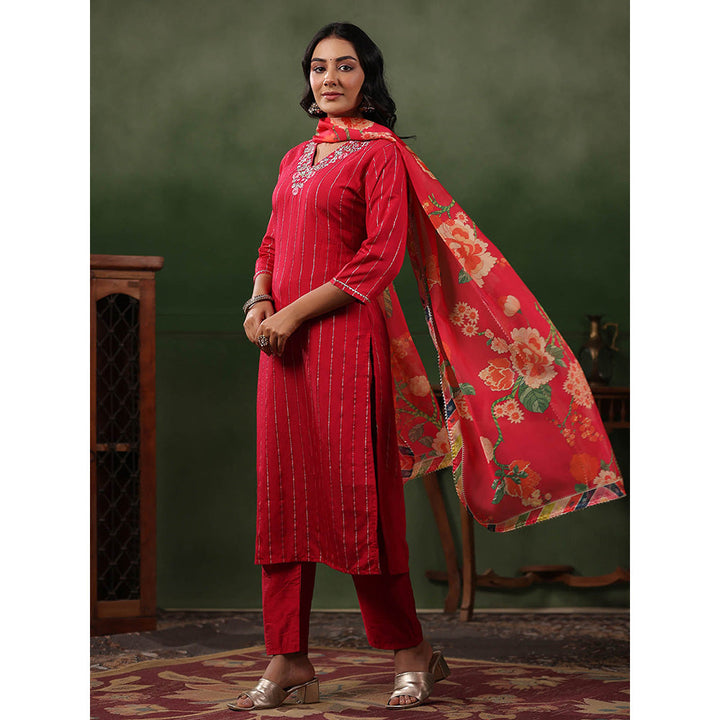 FASHOR Woven Striped Kurta with Pants & Dupatta - Red (Set of 3)