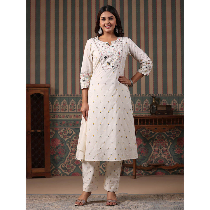 FASHOR Embroidered Kurta with Pant - Off White (Set of 2)
