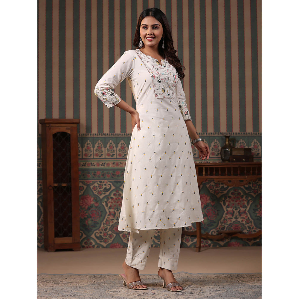 FASHOR Embroidered Kurta with Pant - Off White (Set of 2)