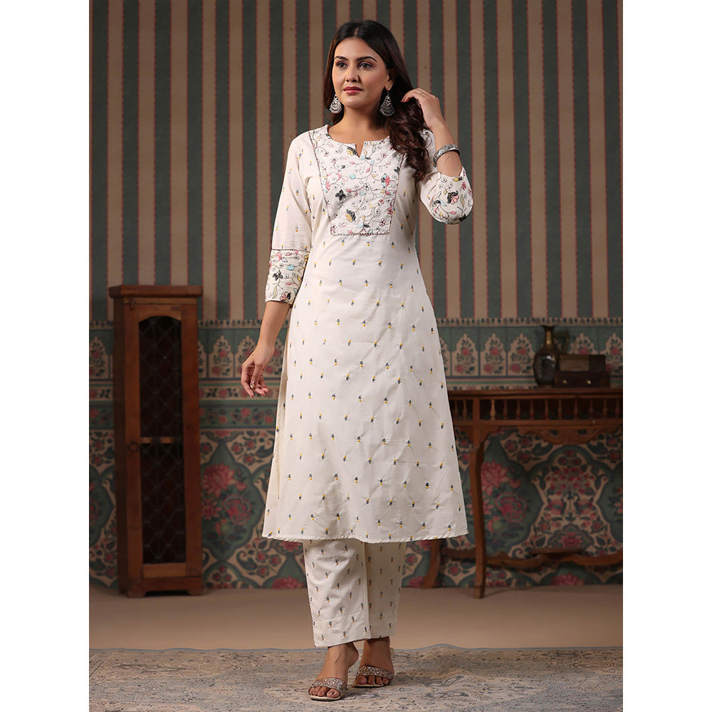 FASHOR Embroidered Kurta with Pant - Off White (Set of 2)