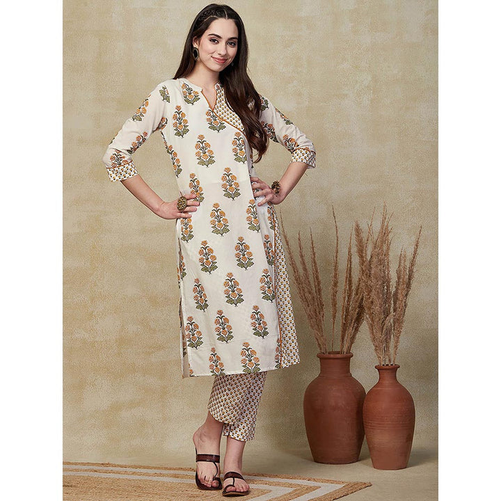 FASHOR Floral Block Printed Kurta with Pant - Off White (Set of 2)