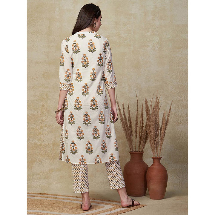 FASHOR Floral Block Printed Kurta with Pant - Off White (Set of 2)