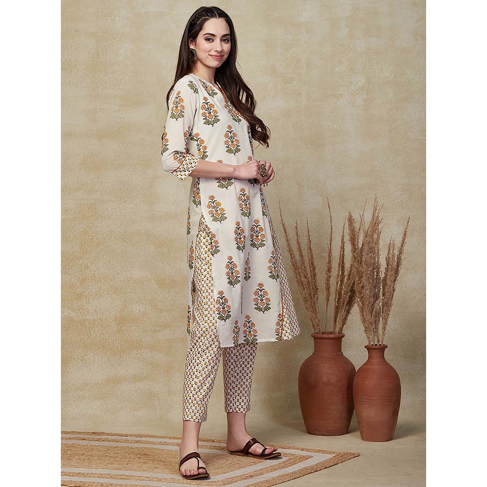 FASHOR Floral Block Printed Kurta with Pant - Off White (Set of 2)