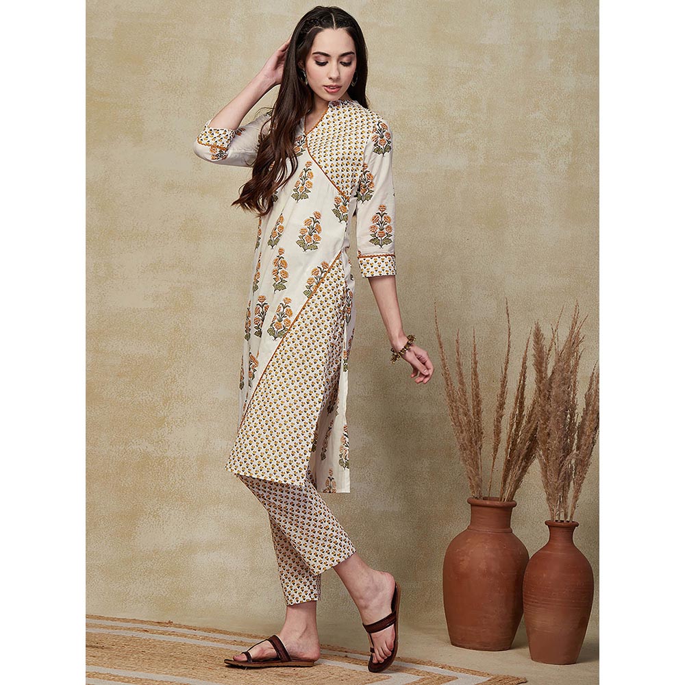 FASHOR Floral Block Printed Kurta with Pant - Off White (Set of 2)