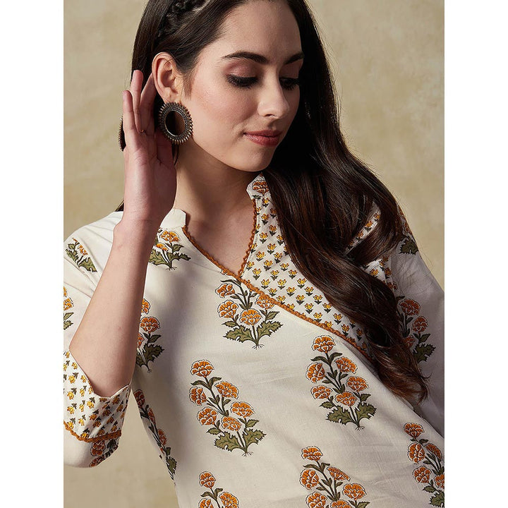 FASHOR Floral Block Printed Kurta with Pant - Off White (Set of 2)