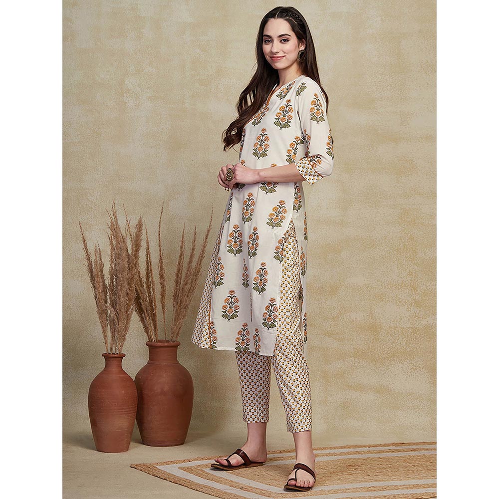 FASHOR Floral Block Printed Kurta with Pant - Off White (Set of 2)