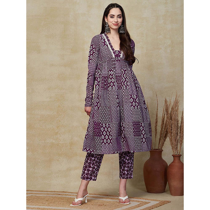 FASHOR Printed Embroidered Kurta with Pant - Purple (Set of 2)