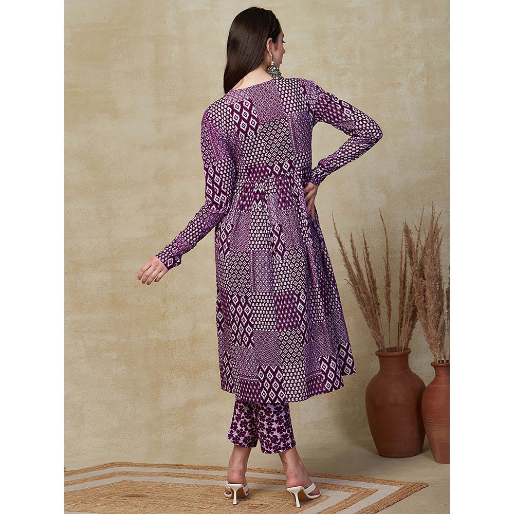 FASHOR Printed Embroidered Kurta with Pant - Purple (Set of 2)