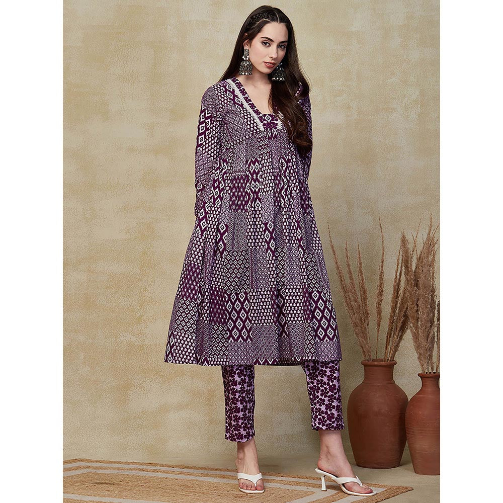 FASHOR Printed Embroidered Kurta with Pant - Purple (Set of 2)