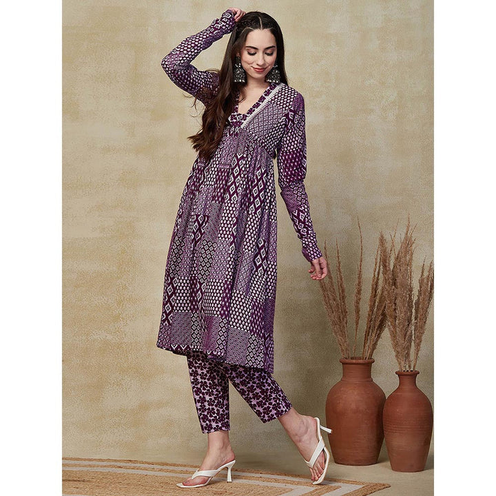 FASHOR Printed Embroidered Kurta with Pant - Purple (Set of 2)