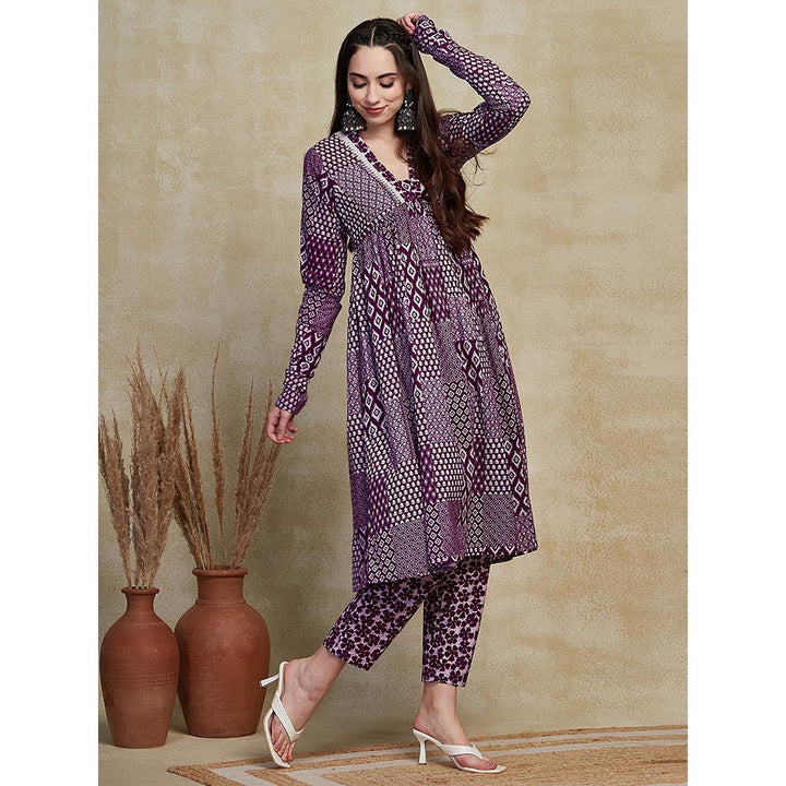 FASHOR Printed Embroidered Kurta with Pant - Purple (Set of 2)