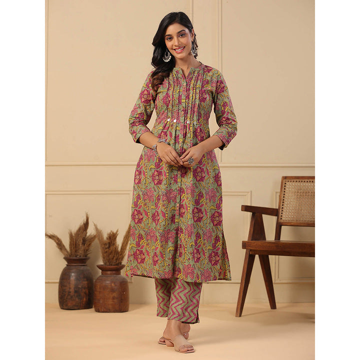 FASHOR Floral Printed Kurta with Pants - Olive (Set of 2)