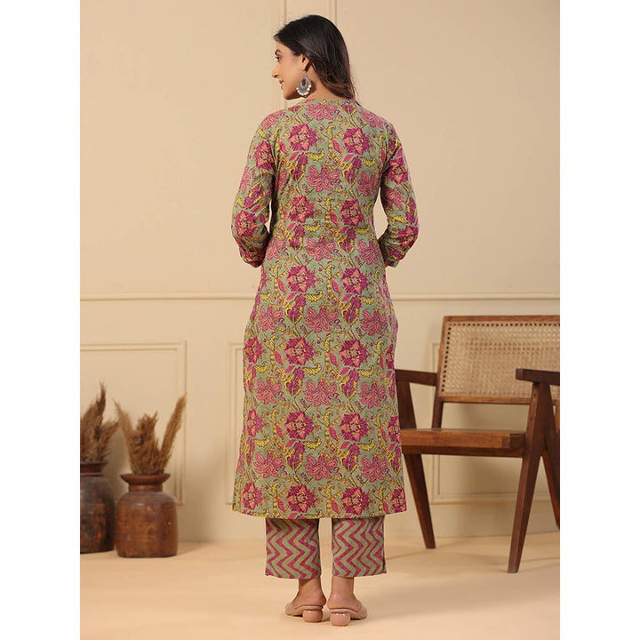 FASHOR Floral Printed Kurta with Pants - Olive (Set of 2)