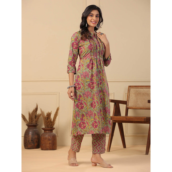 FASHOR Floral Printed Kurta with Pants - Olive (Set of 2)