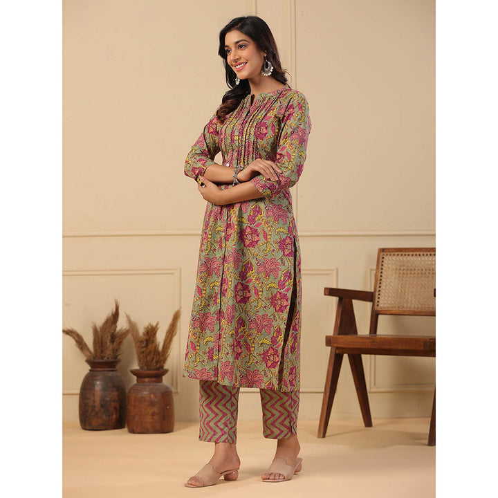 FASHOR Floral Printed Kurta with Pants - Olive (Set of 2)