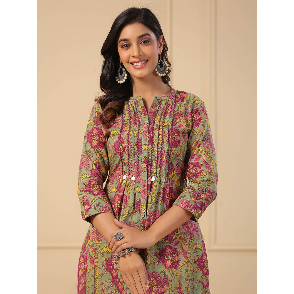 FASHOR Floral Printed Kurta with Pants - Olive (Set of 2)