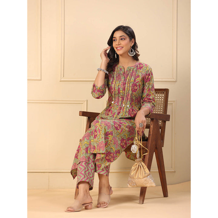 FASHOR Floral Printed Kurta with Pants - Olive (Set of 2)