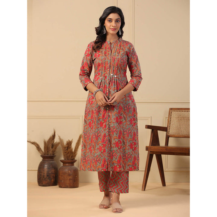 FASHOR Floral Printed Kurta with Pants - Grey & Red (Set of 2)