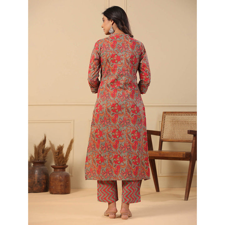 FASHOR Floral Printed Kurta with Pants - Grey & Red (Set of 2)