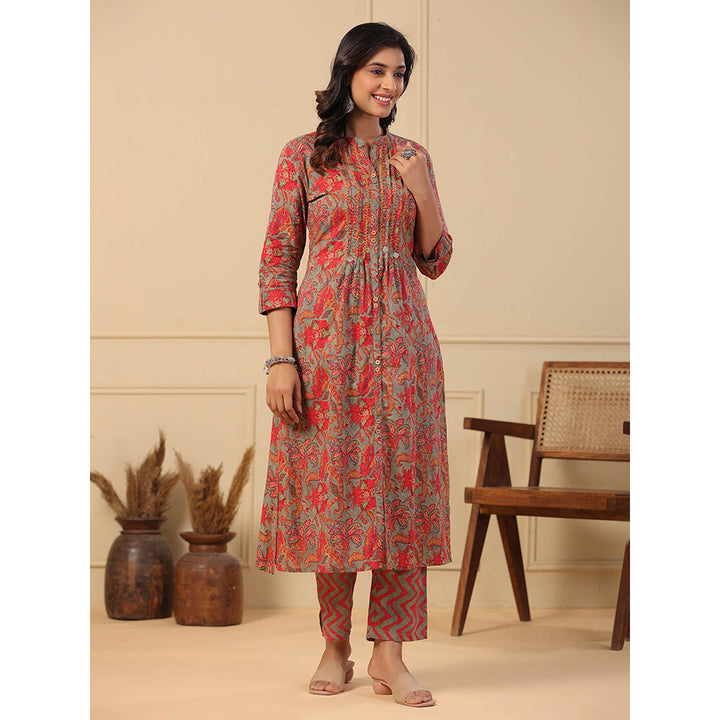 FASHOR Floral Printed Kurta with Pants - Grey & Red (Set of 2)