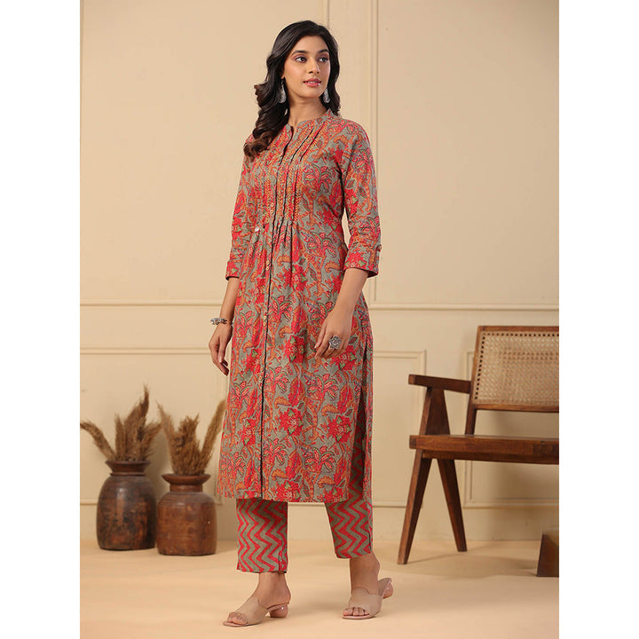 FASHOR Floral Printed Kurta with Pants - Grey & Red (Set of 2)