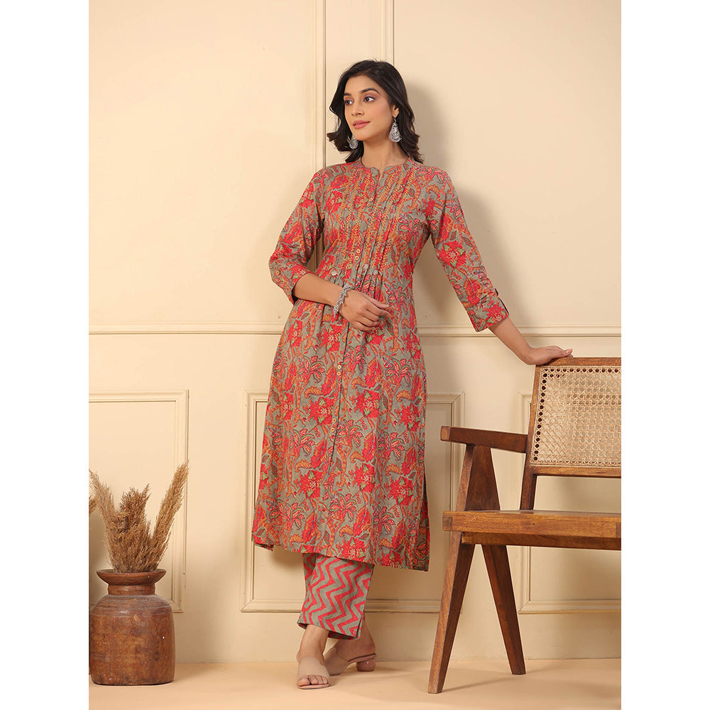 FASHOR Floral Printed Kurta with Pants - Grey & Red (Set of 2)