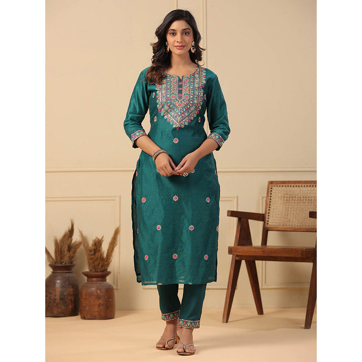 FASHOR Floral Ethnic Embroidered Kurta with Pant - Green (Set of 2)
