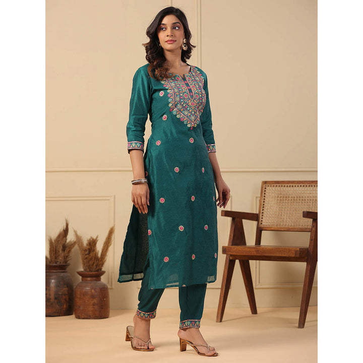 FASHOR Floral Ethnic Embroidered Kurta with Pant - Green (Set of 2)