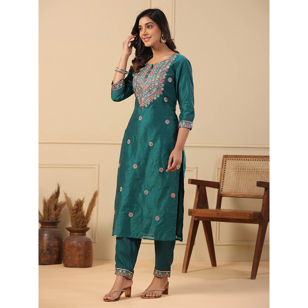 FASHOR Floral Ethnic Embroidered Kurta with Pant - Green (Set of 2)