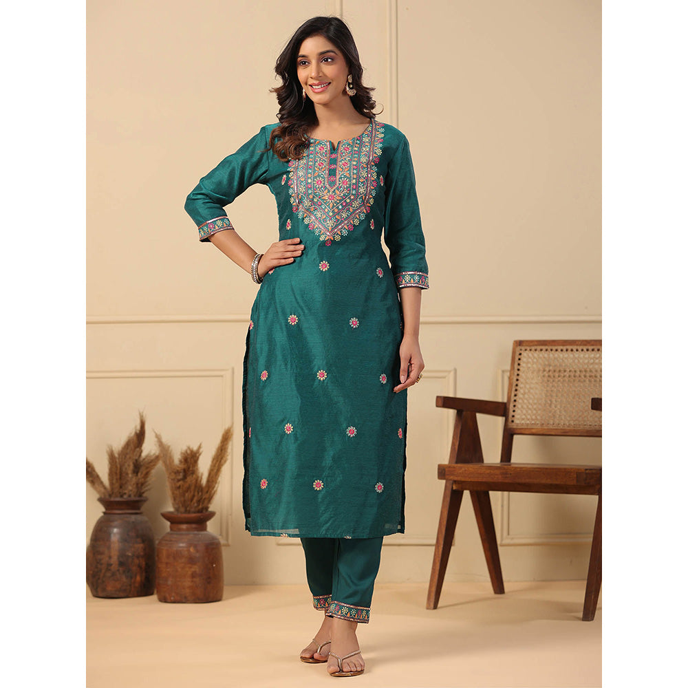 FASHOR Floral Ethnic Embroidered Kurta with Pant - Green (Set of 2)