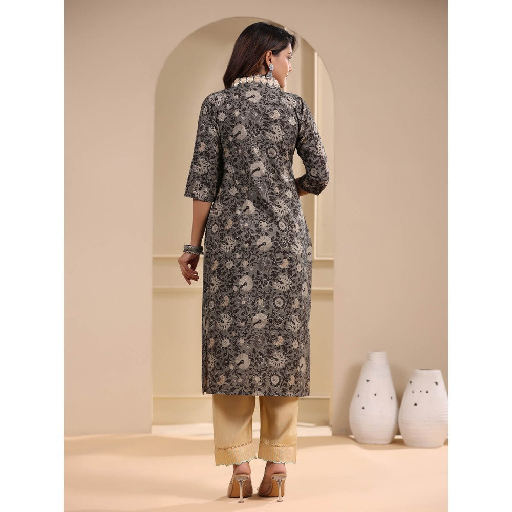 FASHOR Ethnic Floral Foil Printed Embroidered Kurta - Grey