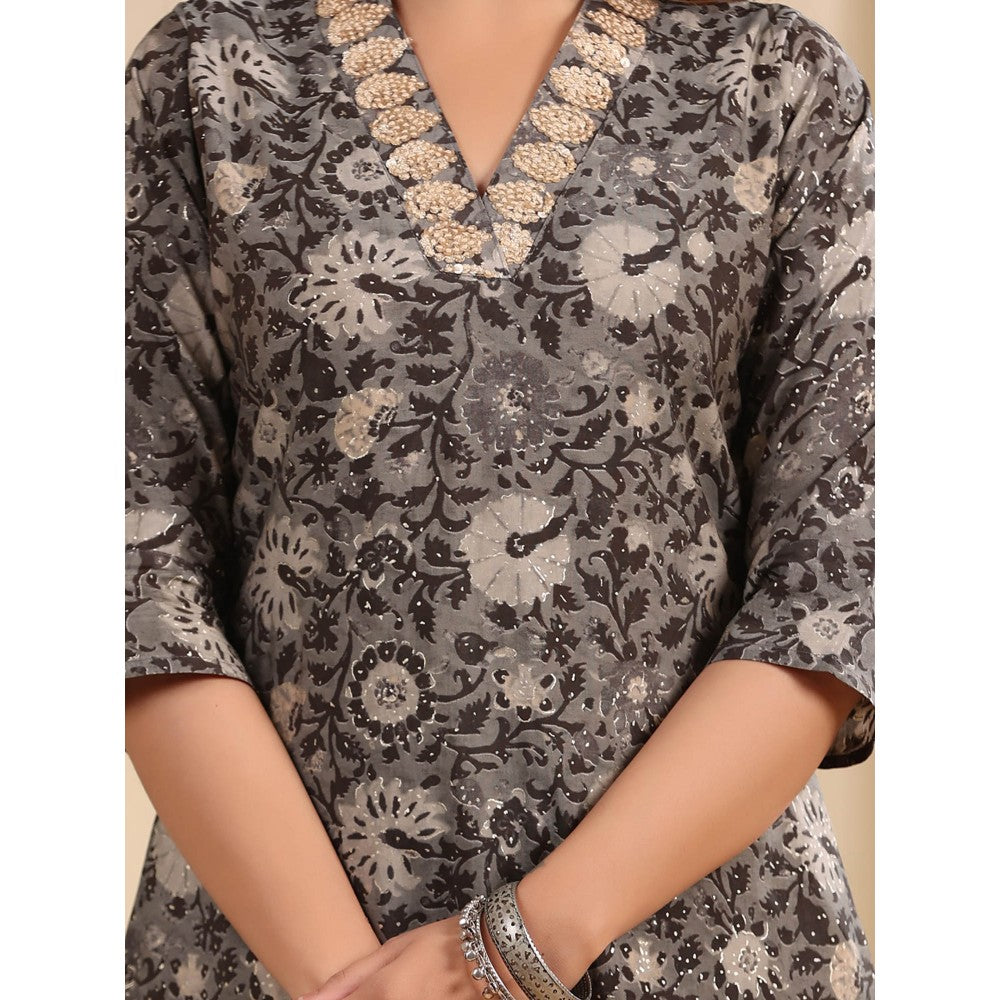 FASHOR Ethnic Floral Foil Printed Embroidered Kurta - Grey