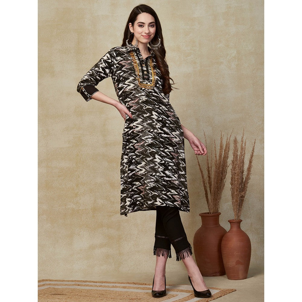 FASHOR Chevron Foil Printed Gota Embellished Kurta - Black