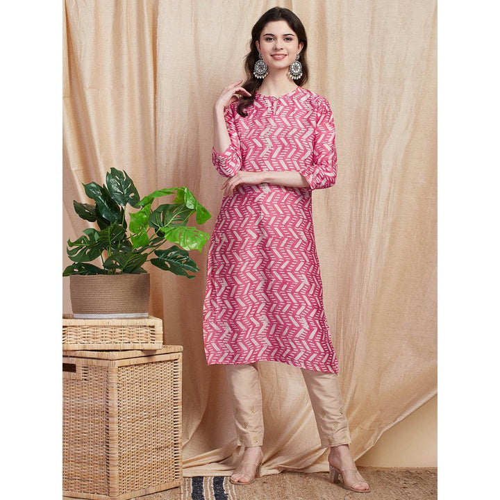 FASHOR Printed Zari Embroidered Kurta - Pink