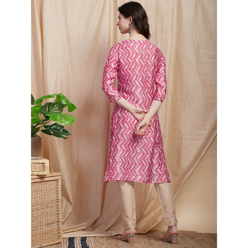 FASHOR Printed Zari Embroidered Kurta - Pink