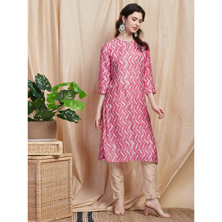 FASHOR Printed Zari Embroidered Kurta - Pink