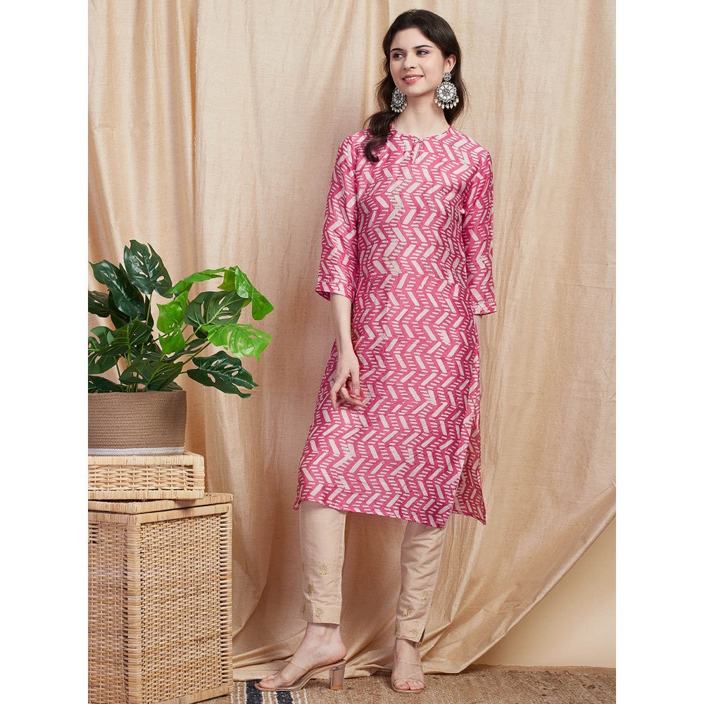 FASHOR Printed Zari Embroidered Kurta - Pink