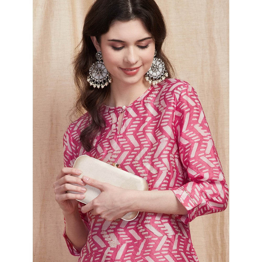 FASHOR Printed Zari Embroidered Kurta - Pink