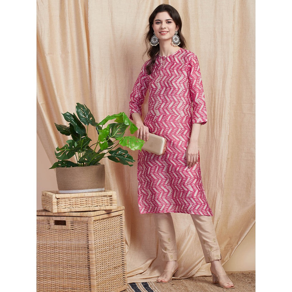 FASHOR Printed Zari Embroidered Kurta - Pink